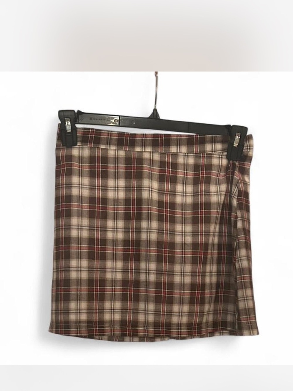 Brown & White Plaid Mini Skirt, Size Juniors M, Polyester Twill, Zip/Zipper